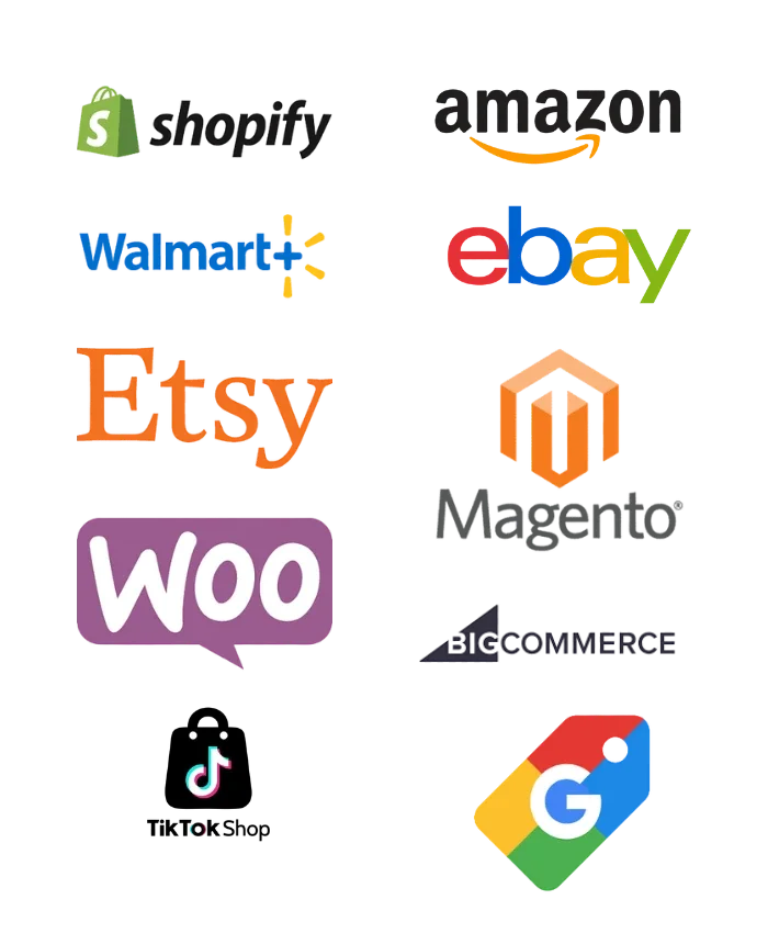 Colección de logotipos de diversas plataformas de e-commerce, incluyendo Shopify, Amazon, Walmart, eBay, Etsy, Magento, WooCommerce, TikTok y Google.