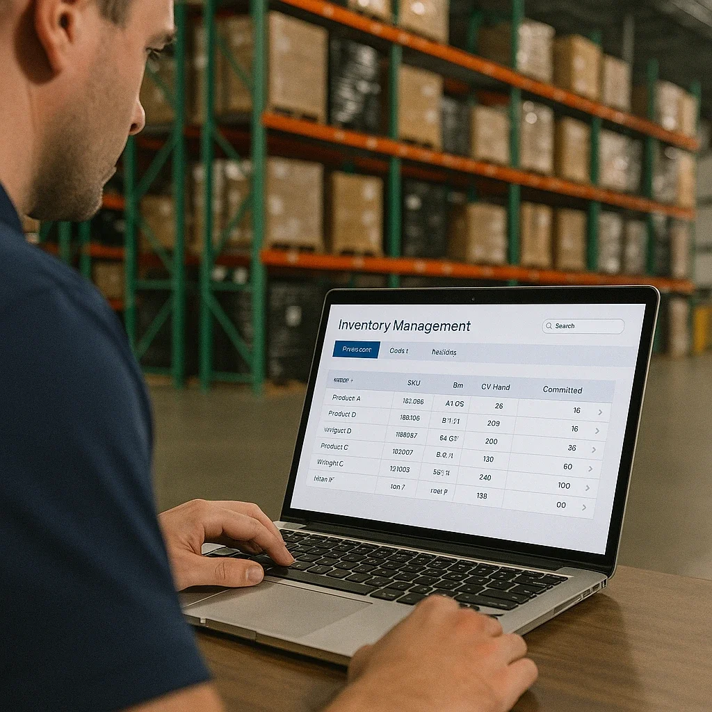 Un hombre trabajando en una laptop en un almacén, viendo una pantalla de gestión de inventario que muestra detalles de productos.