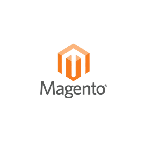 Logo de Magento con un diseño hexagonal y la palabra 'Magento' debajo.