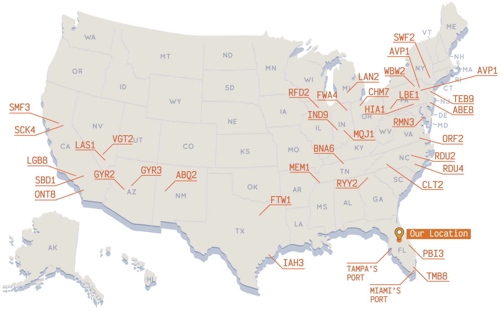 Mapa de EE. UU. que destaca los centros de fulfillment de Amazon con los que trabaja DC Logistics US para entregas rápidas y eficientes.