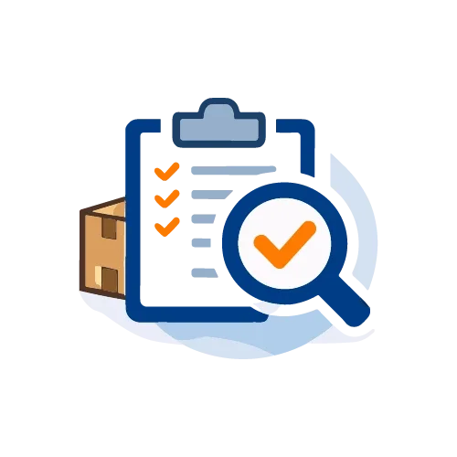 Una ilustración de un portapapeles con marcas de verificación, una lupa con una marca de verificación, una caja de cartón y una libreta con espiral, que representa el control de inventario o de calidad.