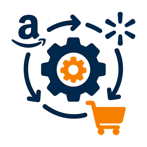 Logotipo de Amazon y un engranaje con flechas, un carrito de compras y un símbolo de engranaje que representa el proceso de compras en línea y el e-commerce.