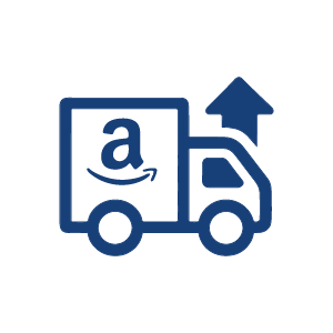 Ícono de camión de entrega de Amazon con un paquete y una flecha hacia arriba.