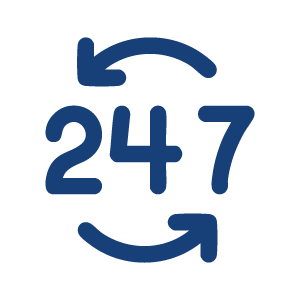 Icono que representa el servicio al cliente 24/7 con flechas que rodean los números 2, 4, 7.