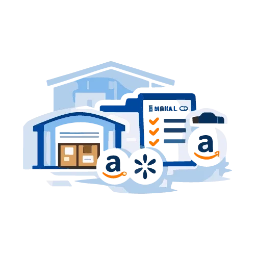 Una ilustración digital de un almacén, un vehículo e íconos relacionados que representan servicios de logística o entrega en un entorno invernal.