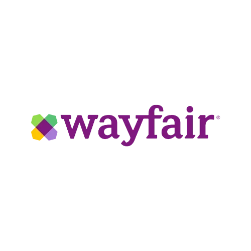 Logo de Wayfair con una forma geométrica colorida y texto morado sobre un fondo negro.