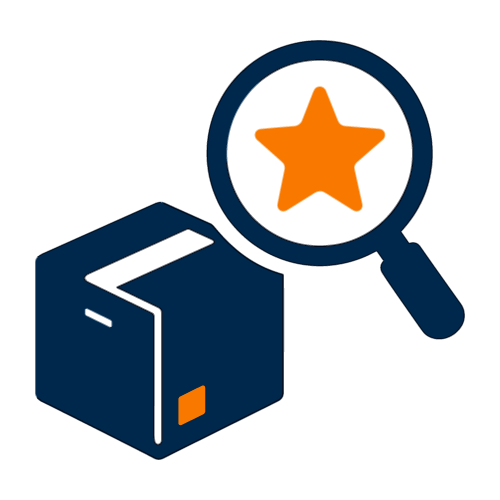 Una caja con una lupa que resalta un ícono de estrella.