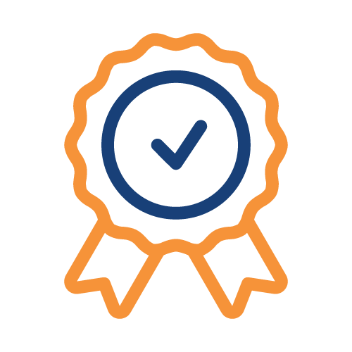 Un ícono de un certificado o insignia de premio con una marca de verificación en el centro