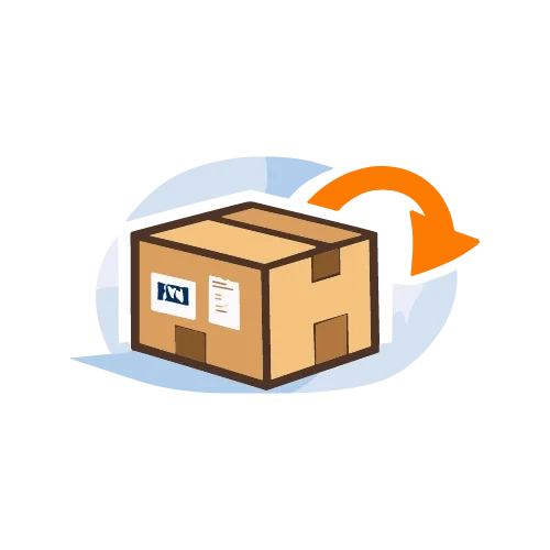 Ilustración de una caja de cartón con una etiqueta de envío, rodeada por una flecha circular que indica devolución o cambio.