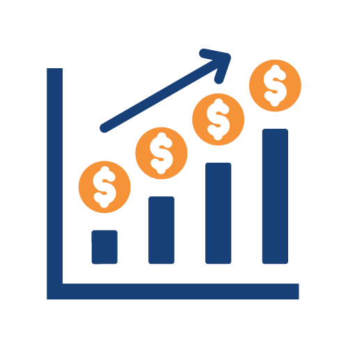 Un gráfico que muestra barras crecientes, una flecha hacia arriba y signos de dólar que indican crecimiento financiero o ganancias.