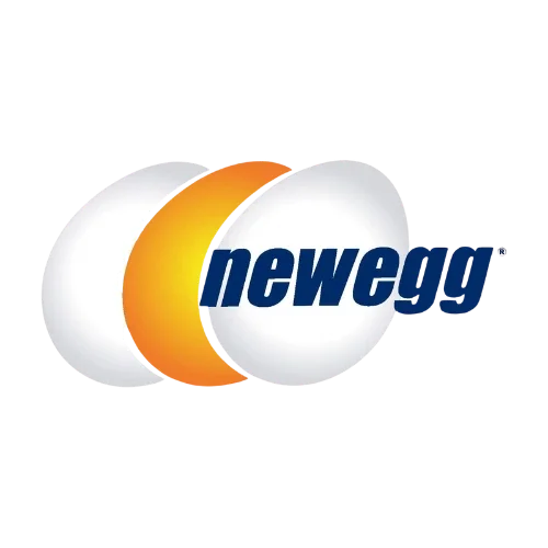 Logo de Newegg con tres esferas superpuestas en blanco, naranja y blanco, y el texto 'newegg' en azul.