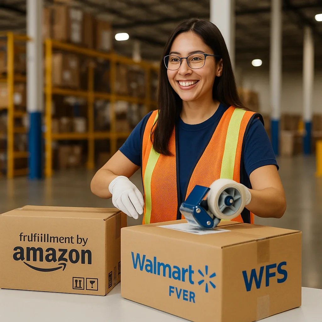 Una mujer con gafas de seguridad y un chaleco de alta visibilidad presiona un escáner de código de barras sobre una caja de cartón etiquetada Walmart, WFS y FVER, en un almacén lleno de estanterías de cajas.