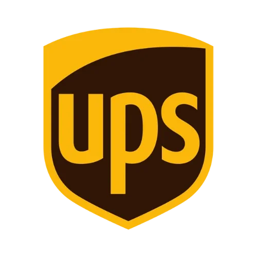 La imagen muestra el logo de UPS, que consiste en un escudo marrón con un borde amarillo, mostrando las letras minúsculas 'ups' en amarillo.