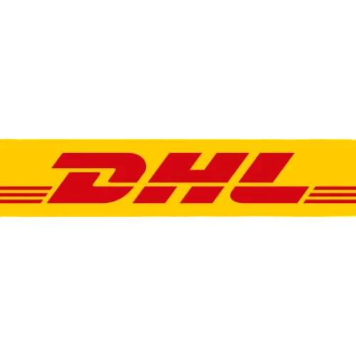 Logo de DHL sobre un fondo amarillo con texto y líneas en rojo.
