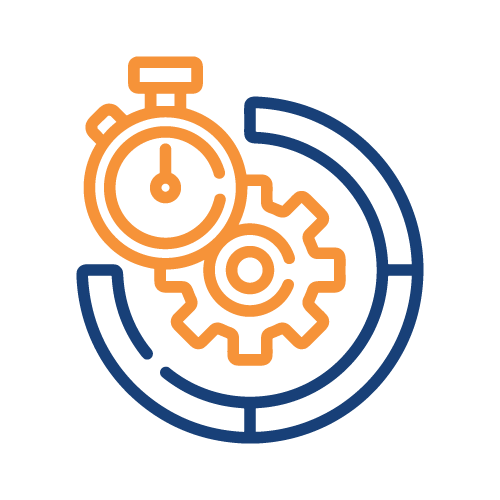 Icono de un cronómetro y engranajes que representan gestión del tiempo o automatización de procesos.