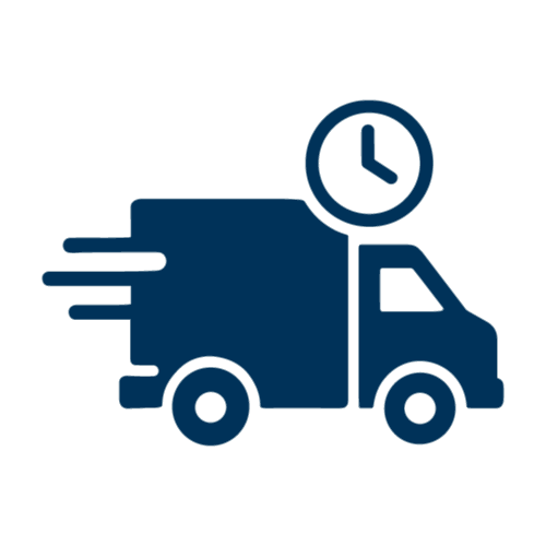 Icono de un camión de reparto con un reloj, que indica velocidad o entrega puntual.