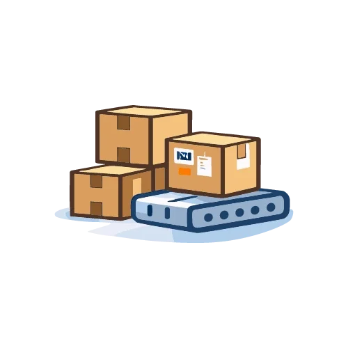 Cajas apiladas junto a una banda transportadora sobre un fondo negro.