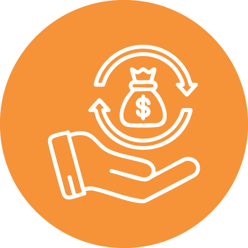 Ilustración de contorno de una mano sosteniendo una bolsa de dinero con un signo de dólar, rodeada de flechas circulares que indican intercambio de dinero o transferencia financiera, sobre un fondo naranja.