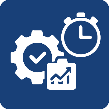 Iconos de un engranaje con una marca de verificación, un cronómetro y un gráfico con tendencia ascendente sobre un fondo azul.