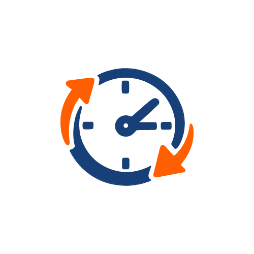 Reloj con dos flechas naranjas que forman un ciclo a su alrededor, indicando tiempo o actualización.