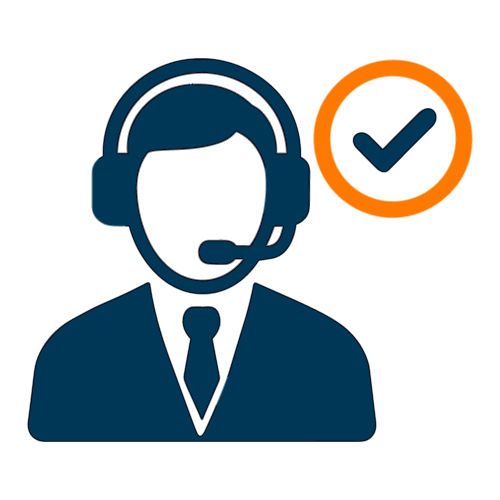 Icono de un representante de servicio al cliente con un auricular, con una marca de verificación dentro de un círculo naranja.