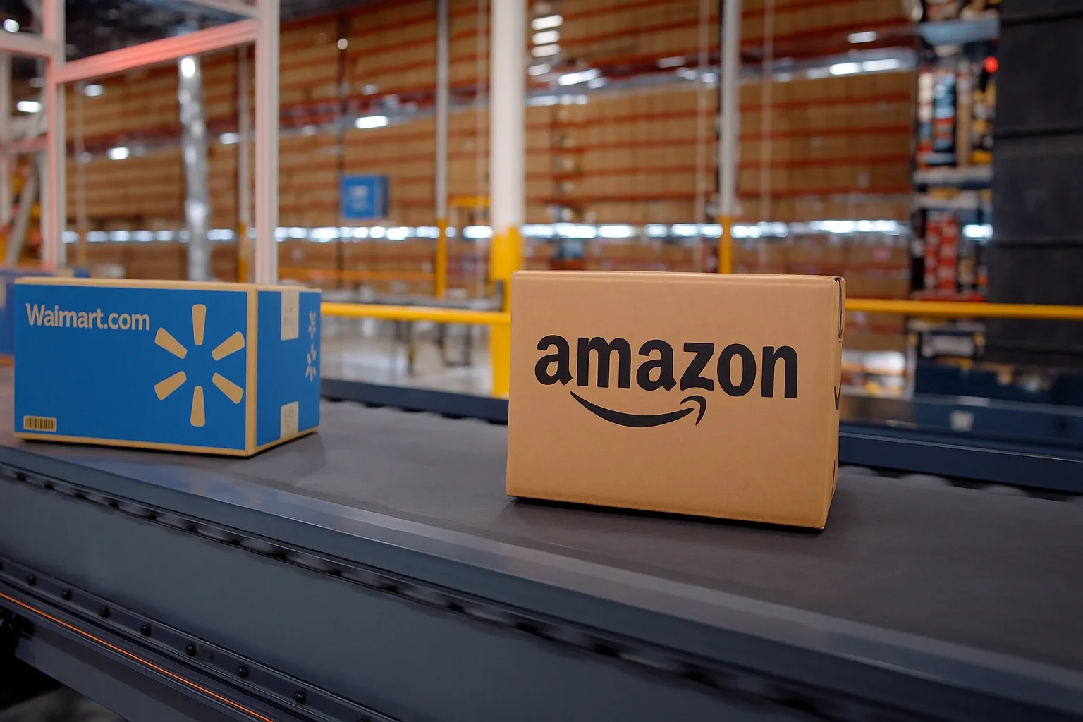 Cajas de paquetes de Amazon y Walmart en una banda transportadora en un almacén.
