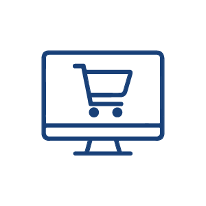 Icono de un monitor de computadora con un símbolo de carrito de compras en la pantalla, que representa compras en línea o comercio electrónico.
