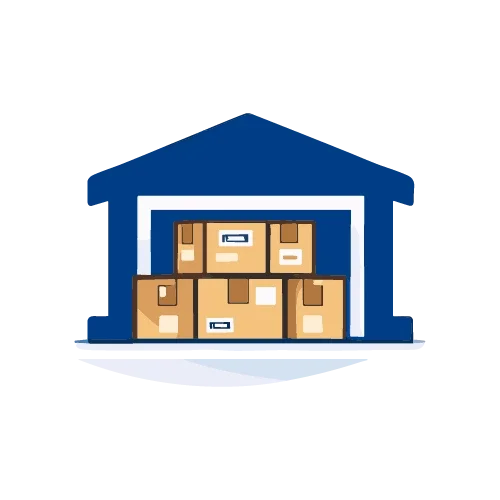 Una ilustración digital de un cobertizo o garaje cerrado con techo y paredes azules, que contiene cajas de cartón apiladas en su interior.