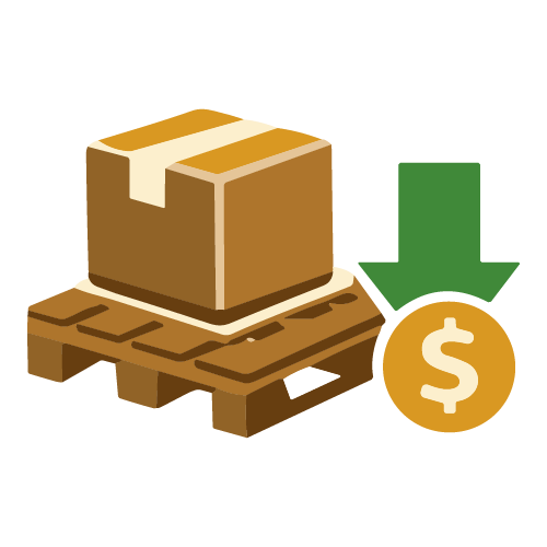 Una caja de cartón sobre un palet de madera con una flecha verde hacia abajo y una moneda con signo de dólar, simbolizando costos de envío o pago.