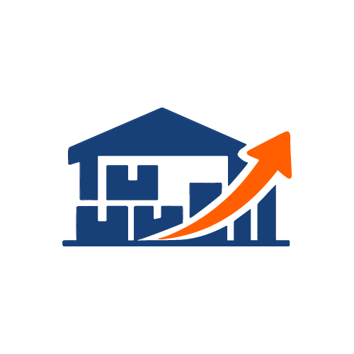 Una casa con un gráfico de barras ascendente y una flecha hacia arriba, simbolizando el crecimiento o la inversión inmobiliaria.
