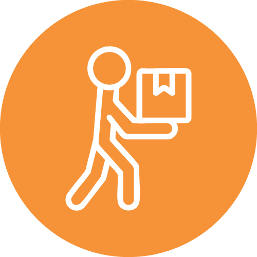 Un dibujo lineal simplificado de una persona caminando y cargando una caja con una etiqueta, sobre un fondo circular naranja.