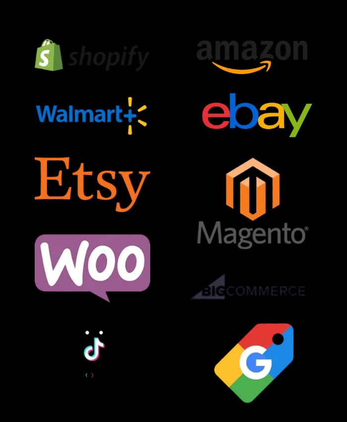 Integrations: Shopify, Amazon, Walmart, eBay, Etsy, WooCommerce, Magento, TikTok Shop and more